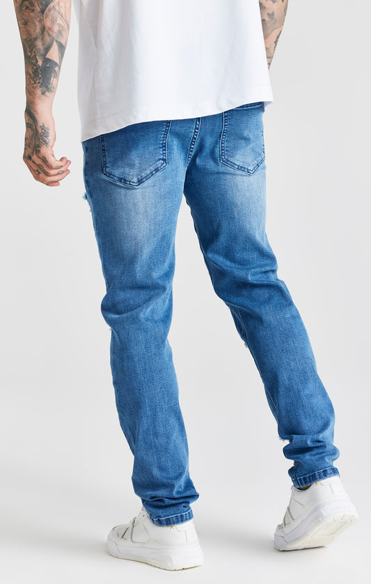 Blaue Schmal Geschnittene Denim Jeans in Distressed Optik