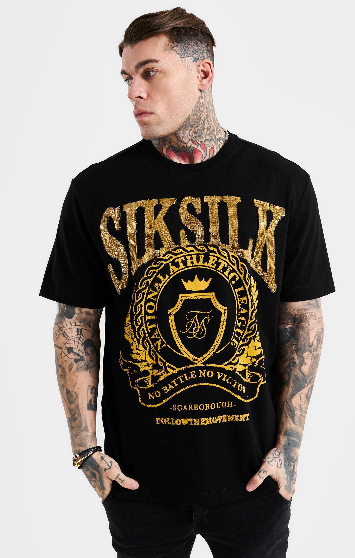 SikSilk Oversized Rhinestone Varsity T-Shirt - Black &amp; Gold