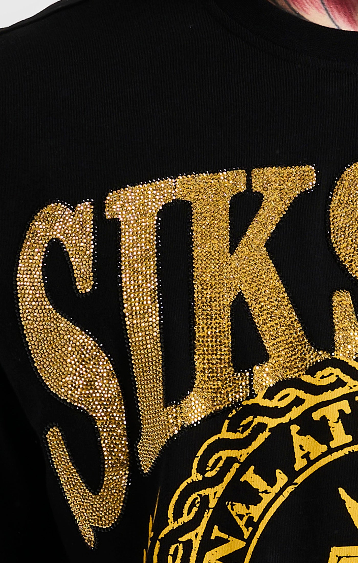 SikSilk Oversized Rhinestone Varsity T-Shirt - Black &amp; Gold (1)
