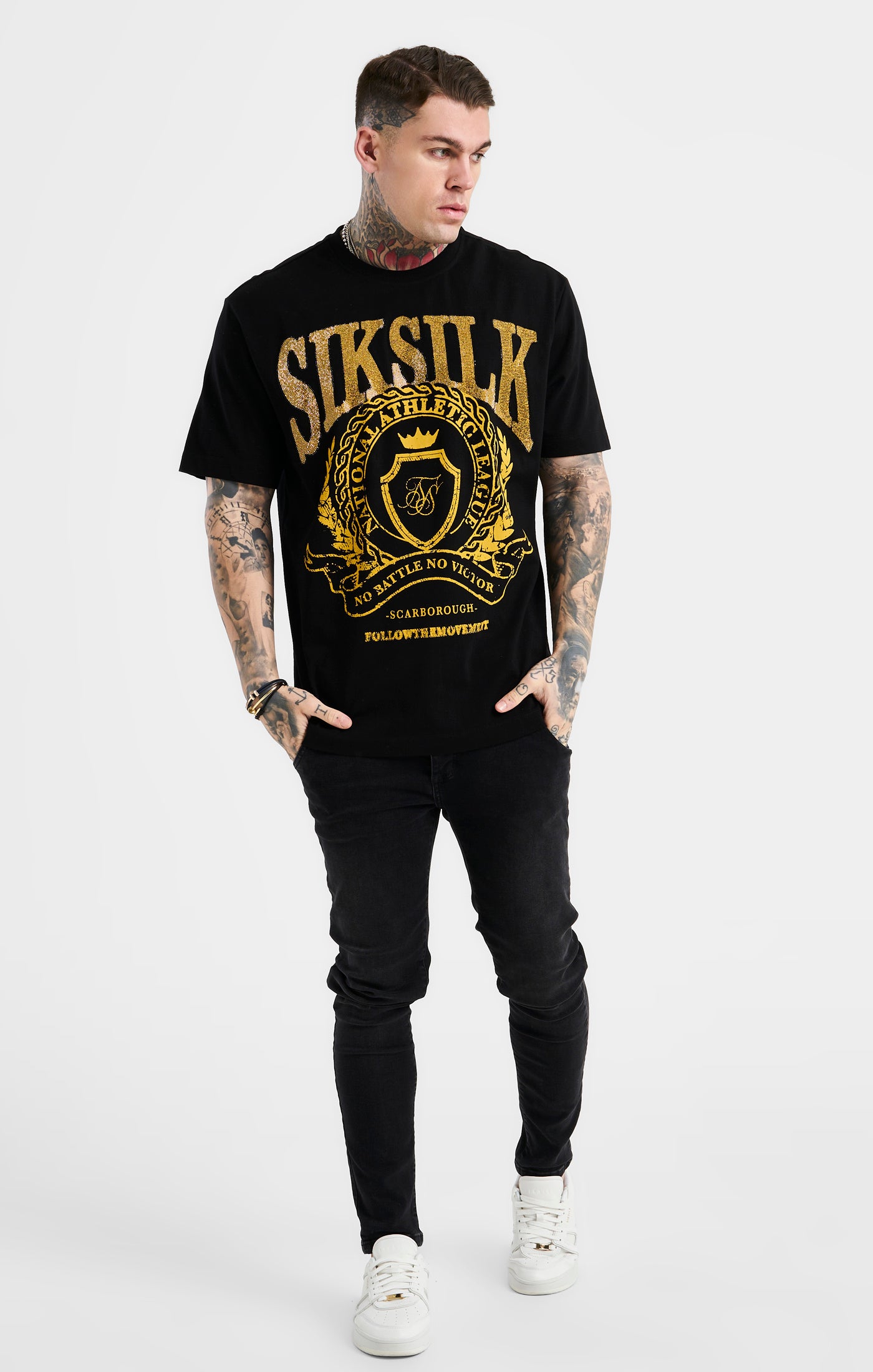 SikSilk Oversized Rhinestone Varsity T-Shirt - Black &amp; Gold (2)