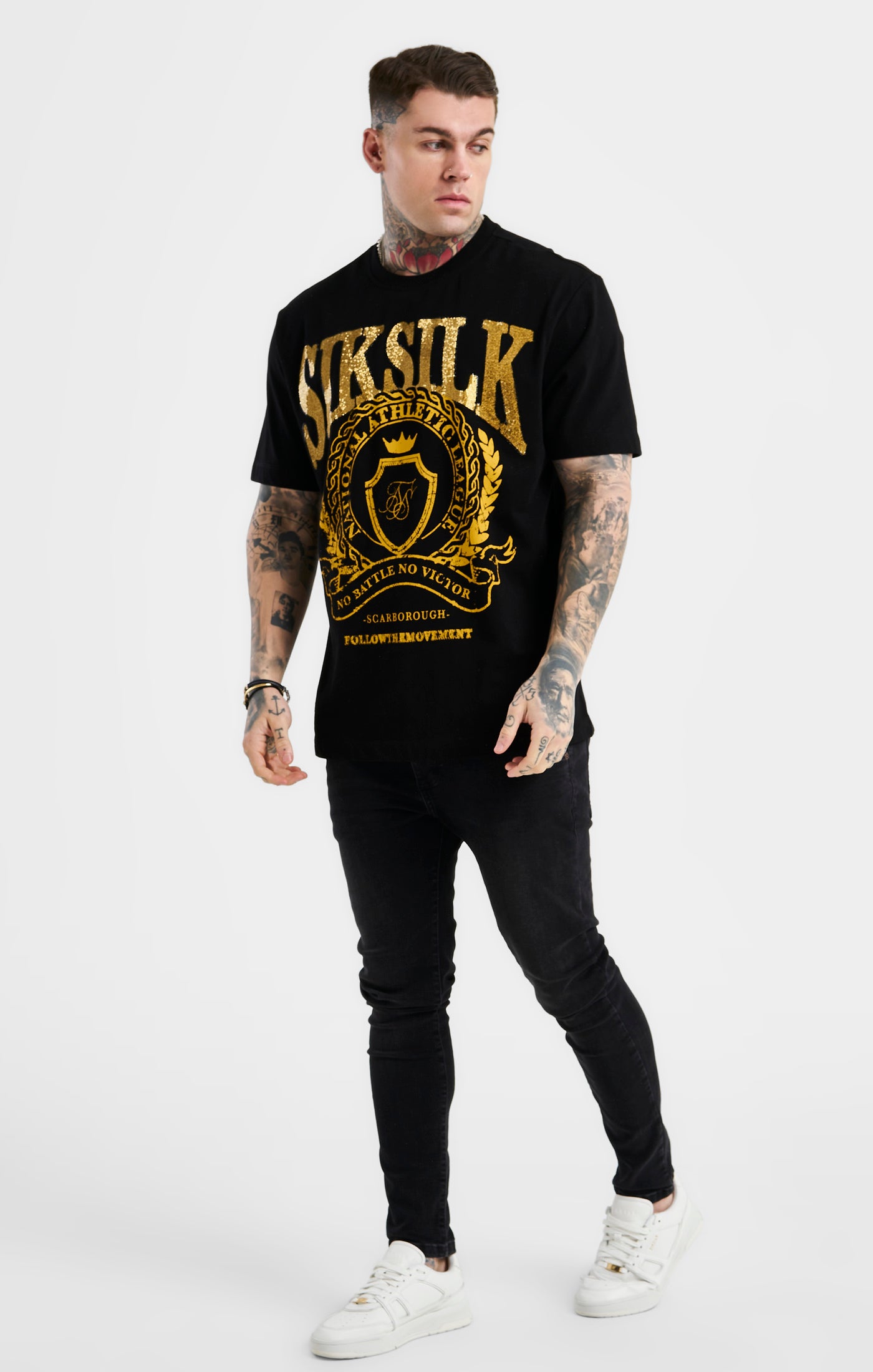 SikSilk Oversized Rhinestone Varsity T-Shirt - Black &amp; Gold (3)