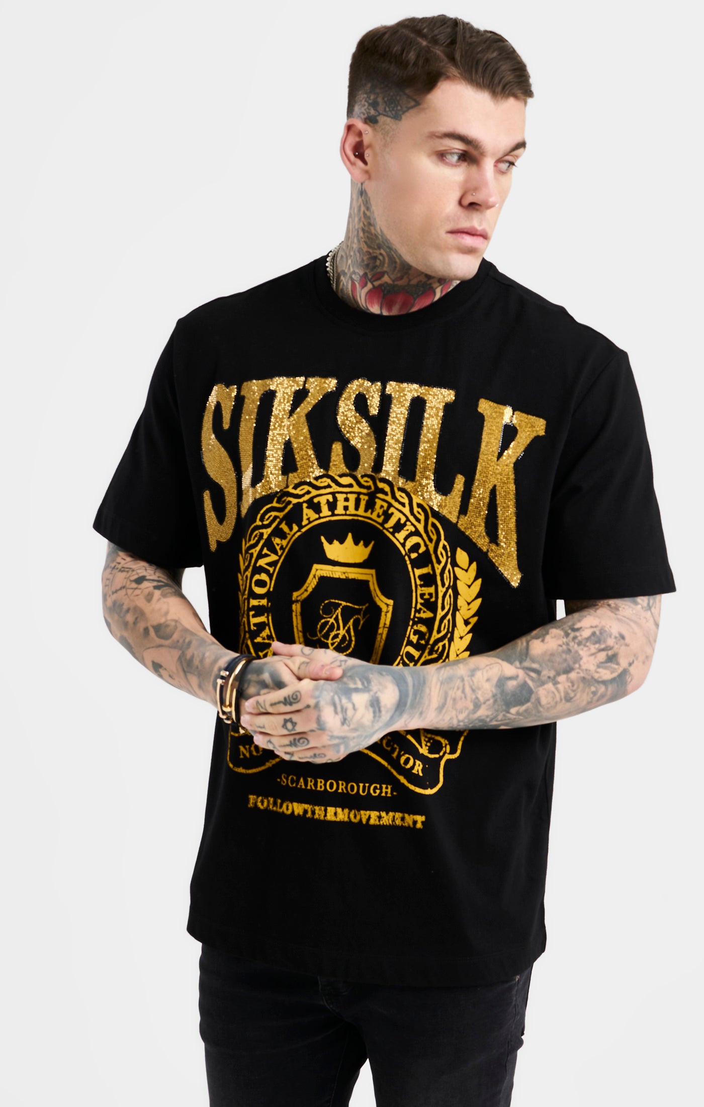 SikSilk Oversized Rhinestone Varsity T-Shirt - Black &amp; Gold (5)