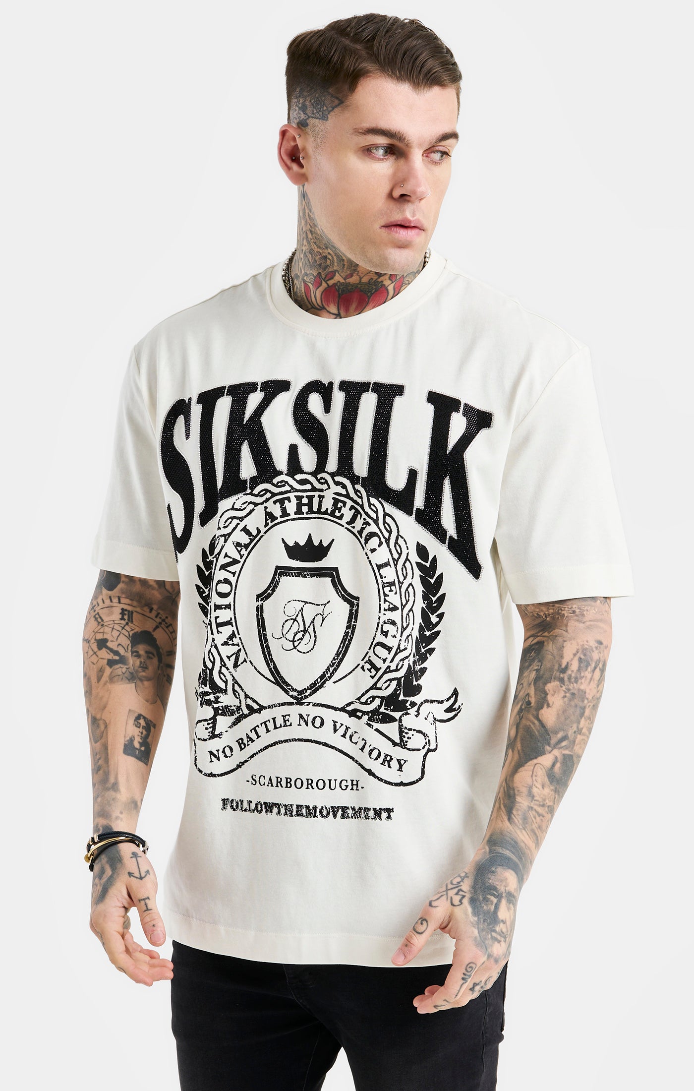 SikSilk Oversized Rhinestone Varsity T-Shirt - Ecru &amp; Black