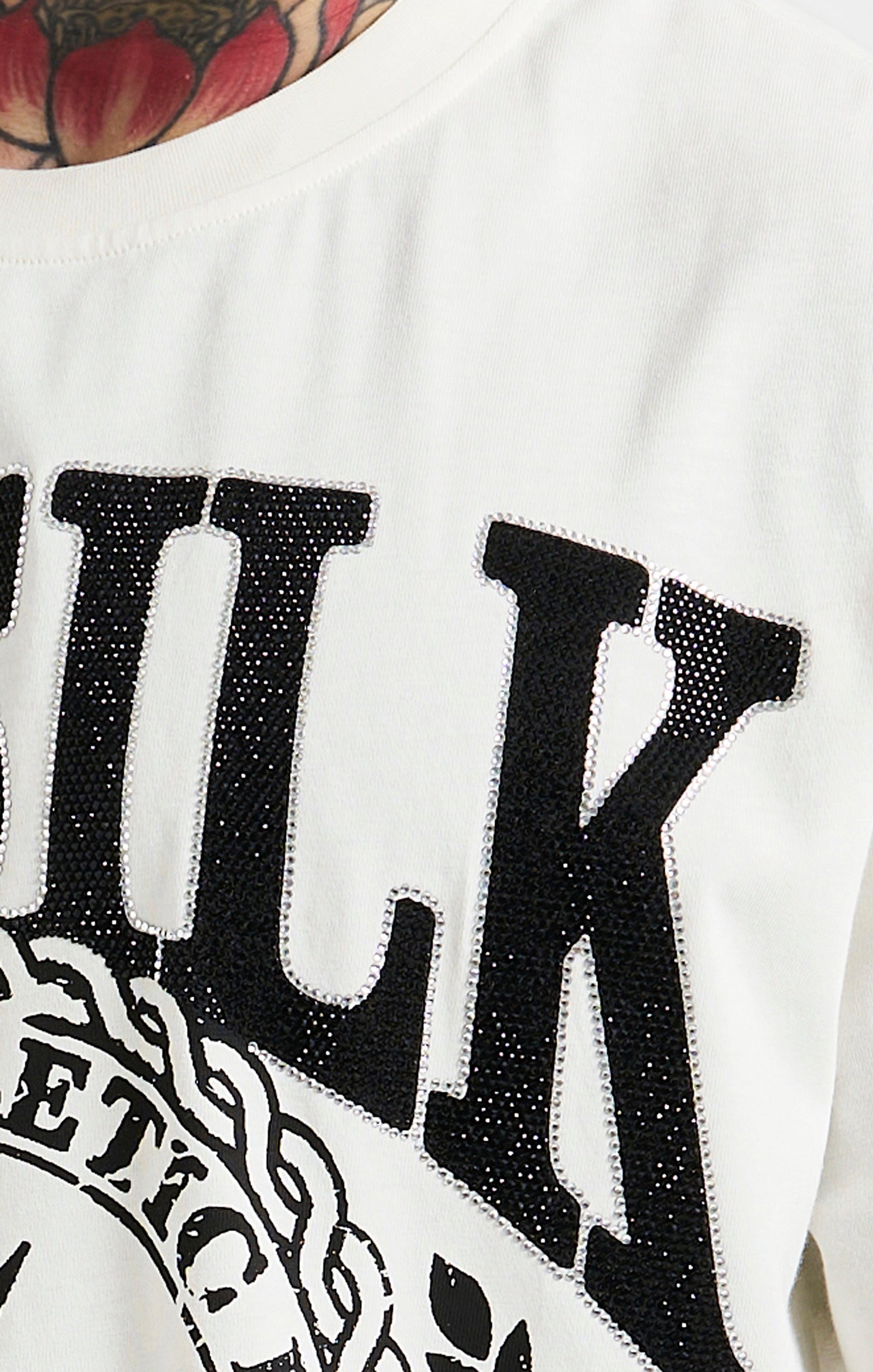 SikSilk Oversized Rhinestone Varsity T-Shirt - Ecru &amp; Black (1)