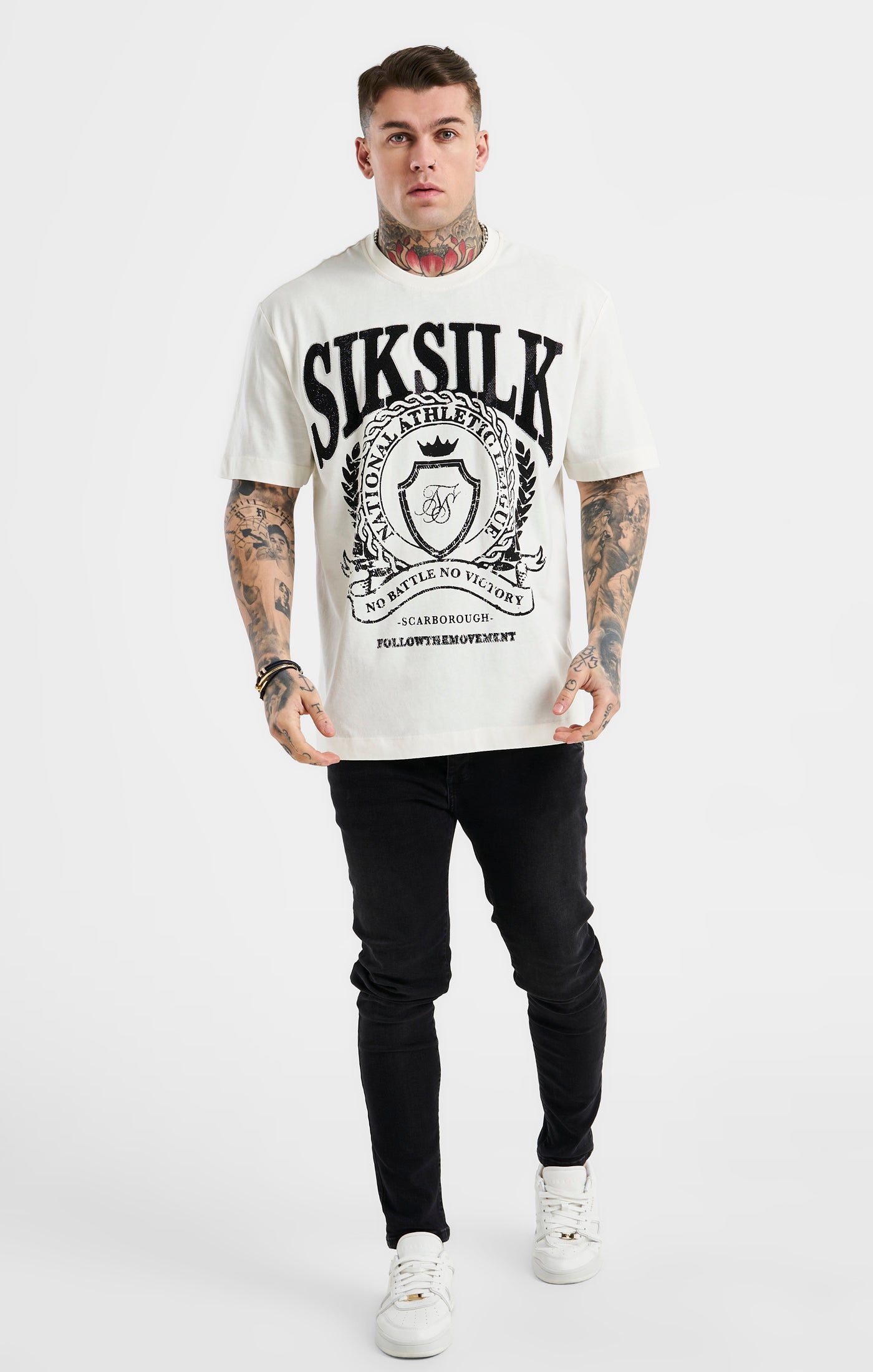 SikSilk Oversized Rhinestone Varsity T-Shirt - Ecru &amp; Black (2)