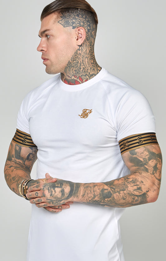 Weiß-goldfarbenes Strick-T-Shirt mit elastischen Bündchen