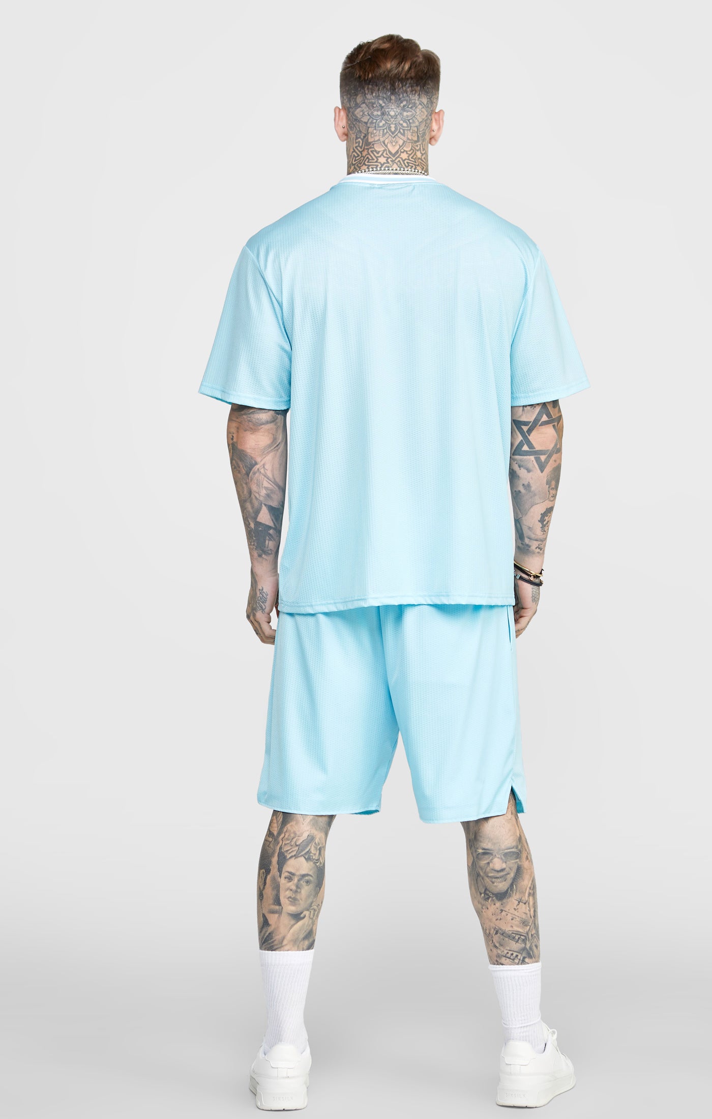 Blaues Mesh Drop Shoulder T-Shirt (4)