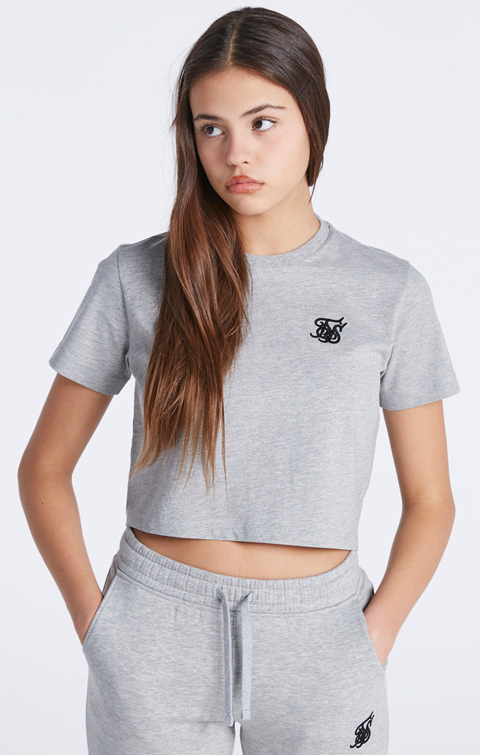 Kurz Geschnittenes Grau Meliertes Essentials T-Shirt für Mädchen (4)