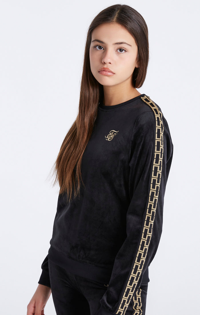 Girls Black Velour Taped Crew Sweatshirt (1)