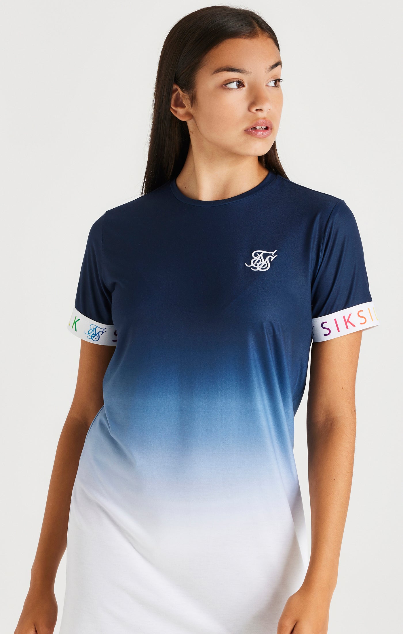 SikSilk Rainbow Fade T-Shirt Kleid - Marineblau &amp; Weiß