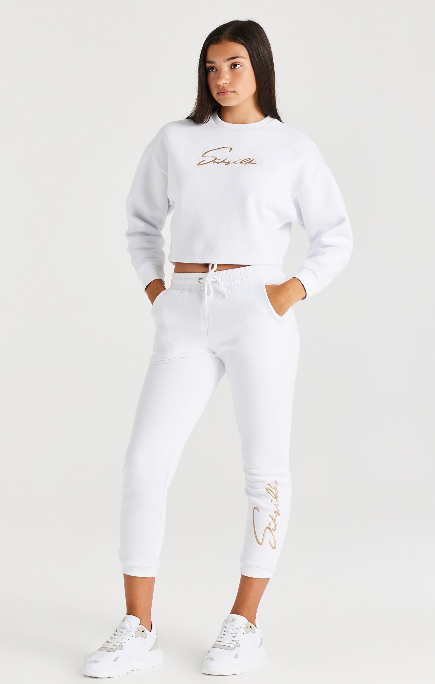 Weißes Signature Cropped Sweatshirt für Mädchen (2)