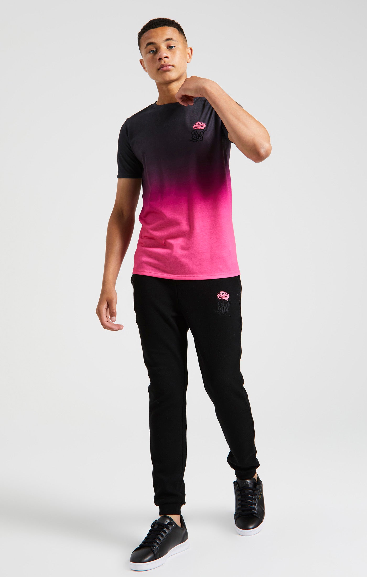Messi X SikSilk T-Shirt mit Krone-Aufdruck (Fade-out) - Grau &amp; Fluor-Rosa (3)