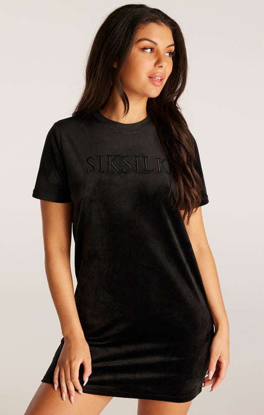 SikSilk T-Shirt-Kleid aus Velours mit Stickerei – Schwarz