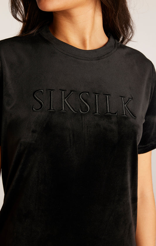 SikSilk T-Shirt-Kleid aus Velours mit Stickerei – Schwarz