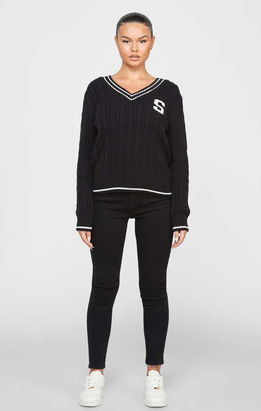 Schwarzer Uni Pullover mit Zopfmuster