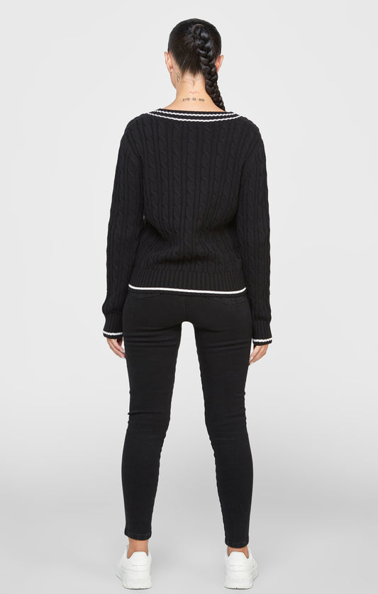 Schwarzer Uni Pullover mit Zopfmuster